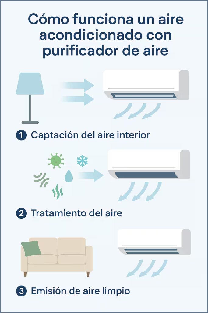 Infografía funcionamiento de un aire acondicionado con purificador