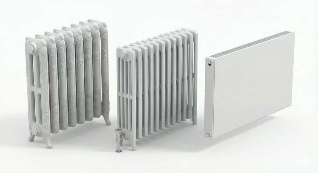 Radiadores: Comparativa visual de radiadores de hierro fundido, aluminio y baja temperatura.
